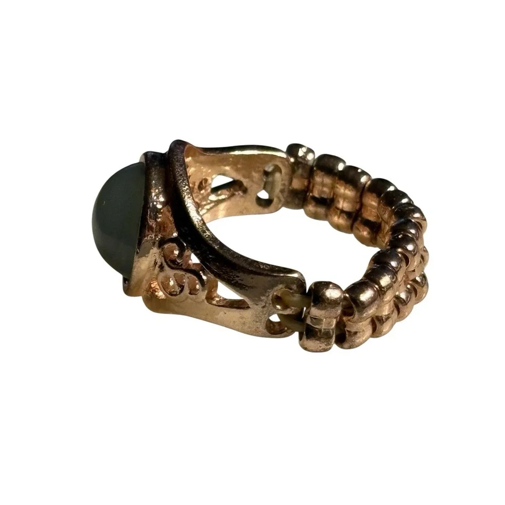 Vintage Ring Faux Opal Gold Tone Adjustable‎ Stretch Round Open Work Textured